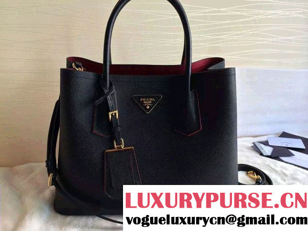 Prada Saffiano Cuir Leather Tote Small Bag BN2775 Black/Red 2015