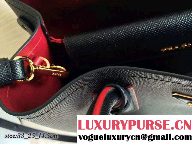 Prada Saffiano Cuir Leather Tote Small Bag BN2775 Black/Red 2015