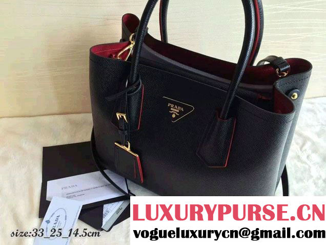 Prada Saffiano Cuir Leather Tote Small Bag BN2775 Black/Red 2015