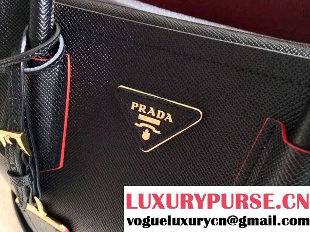 Prada Saffiano Cuir Leather Tote Small Bag BN2775 Black/Red 2015