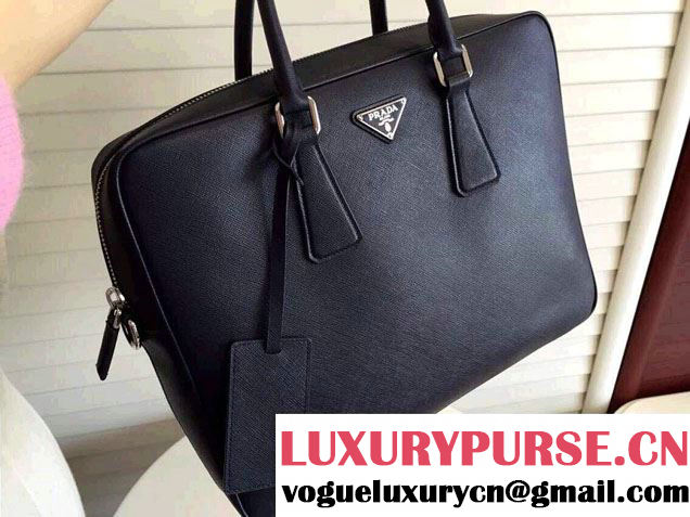 Prada Saffiano Leather Briefcase 2VE891 Dark Blue 2016