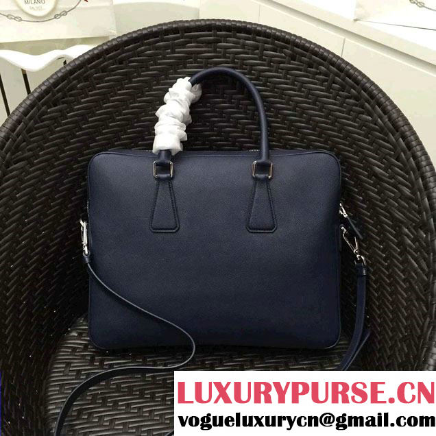 Prada Saffiano Leather Briefcase 2VE368 Dark Blue/Blue 2016