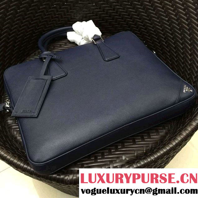Prada Saffiano Leather Briefcase 2VE368 Dark Blue 2016