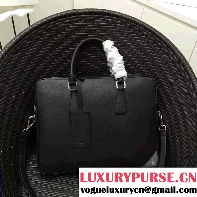 Prada Saffiano Leather Briefcase 2VE368 Black/Gray 2016