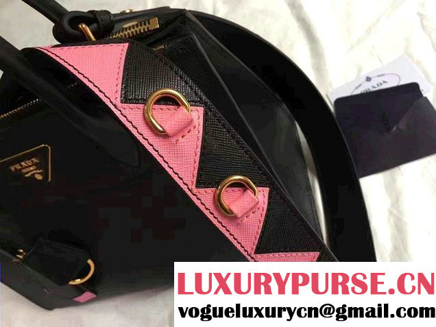 Prada Paradigme Saffiano And Calf Leather Bag 1BA102 Black/Begonia With Embellishments On The Shoulder Strap 2017