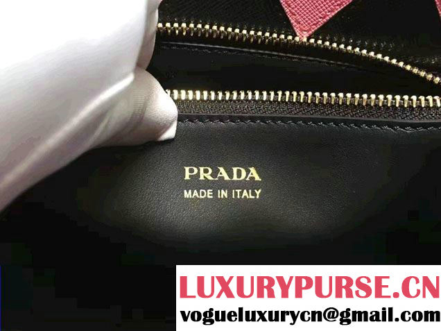 Prada Paradigme Saffiano And Calf Leather Bag 1BA102 Black/Begonia With Embellishments On The Shoulder Strap 2017