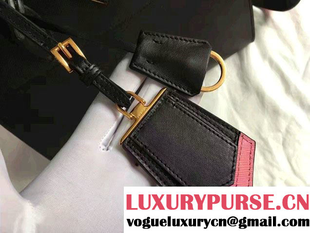 Prada Paradigme Saffiano And Calf Leather Bag 1BA102 Black/Begonia With Embellishments On The Shoulder Strap 2017