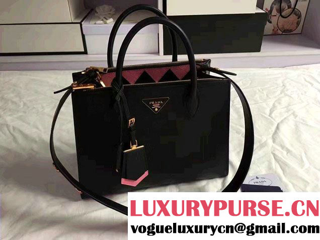 Prada Paradigme Saffiano And Calf Leather Bag 1BA102 Black/Begonia With Embellishments On The Shoulder Strap 2017