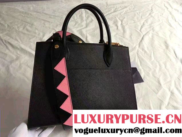 Prada Paradigme Saffiano And Calf Leather Bag 1BA102 Black/Begonia With Embellishments On The Shoulder Strap 2017