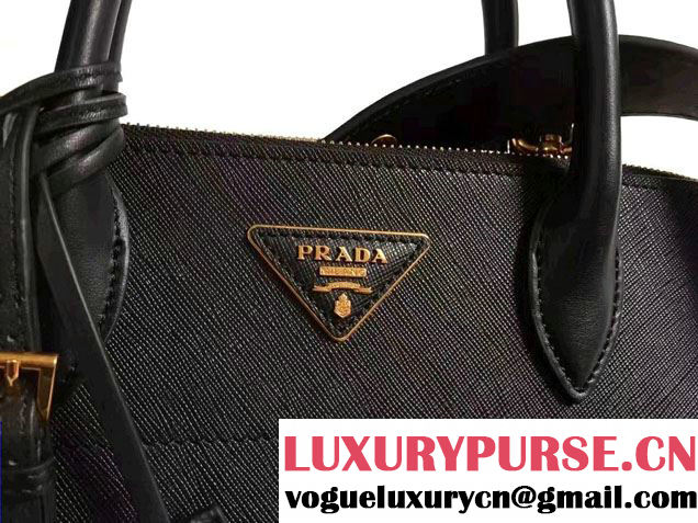 Prada Paradigme Saffiano And Calf Leather Bag 1BA102 Black/Begonia With Embellishments On The Shoulder Strap 2017