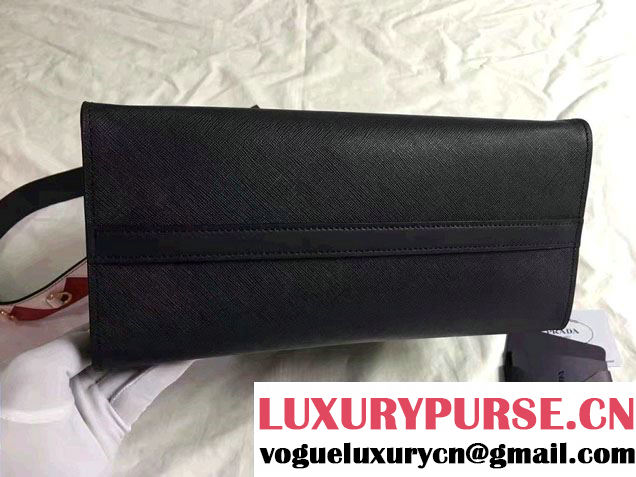 Prada Paradigme Saffiano And Calf Leather Bag 1BA102 Baltic Blue/Red With Embellishments On The Shoulder Strap 2017