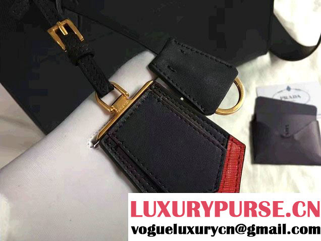 Prada Paradigme Saffiano And Calf Leather Bag 1BA102 Baltic Blue/Red With Embellishments On The Shoulder Strap 2017