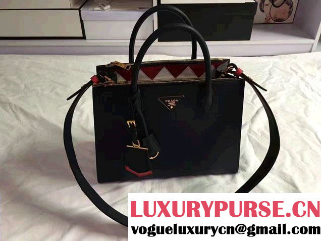 Prada Paradigme Saffiano And Calf Leather Bag 1BA102 Baltic Blue/Red With Embellishments On The Shoulder Strap 2017