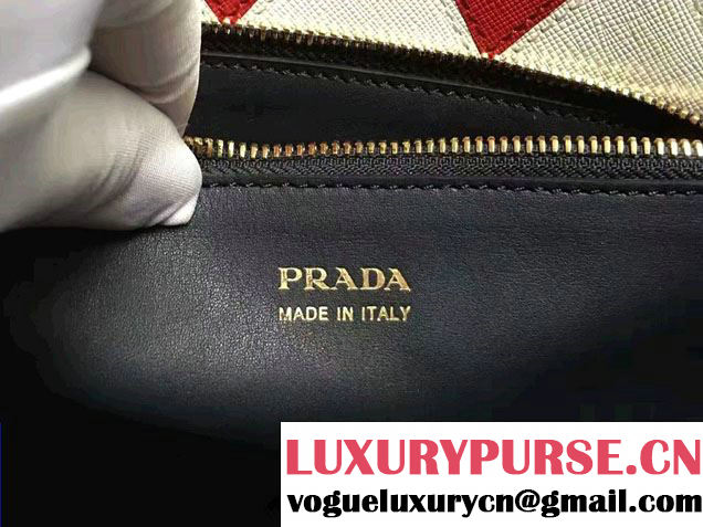 Prada Paradigme Saffiano And Calf Leather Bag 1BA102 Baltic Blue/Red With Embellishments On The Shoulder Strap 2017