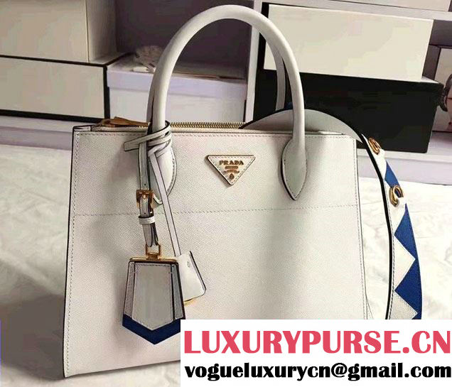 Prada Paradigme Saffiano And Calf Leather Bag 1BA102 White/Sea Blue With Embellishments On The Shoulder Strap 2017