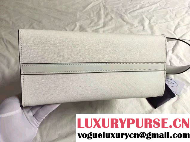 Prada Paradigme Saffiano And Calf Leather Bag 1BA102 White/Sea Blue With Embellishments On The Shoulder Strap 2017