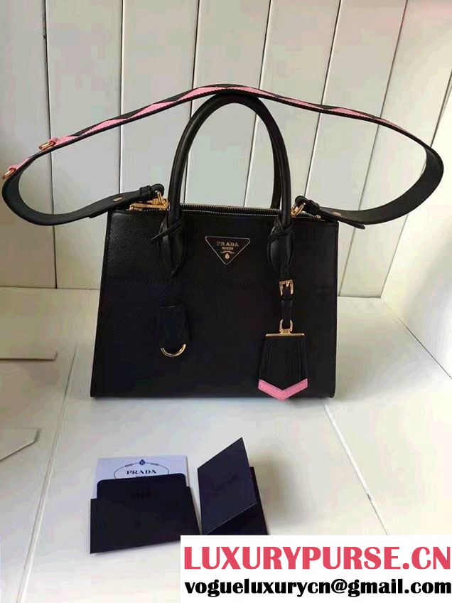 Prada Paradigme Saffiano And Calf Leather Bag 1BA103 Black/Begonia With Embellishments On The Shoulder Strap 2017