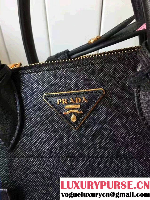 Prada Paradigme Saffiano And Calf Leather Bag 1BA103 Black/Begonia With Embellishments On The Shoulder Strap 2017