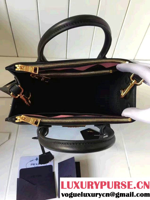 Prada Paradigme Saffiano And Calf Leather Bag 1BA103 Black/Begonia With Embellishments On The Shoulder Strap 2017
