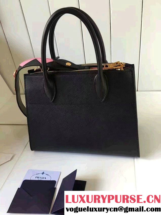 Prada Paradigme Saffiano And Calf Leather Bag 1BA103 Black/Begonia With Embellishments On The Shoulder Strap 2017