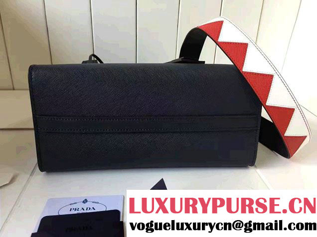Prada Paradigme Saffiano And Calf Leather Bag 1BA103 Baltic Blue/Red With Embellishments On The Shoulder Strap 2017