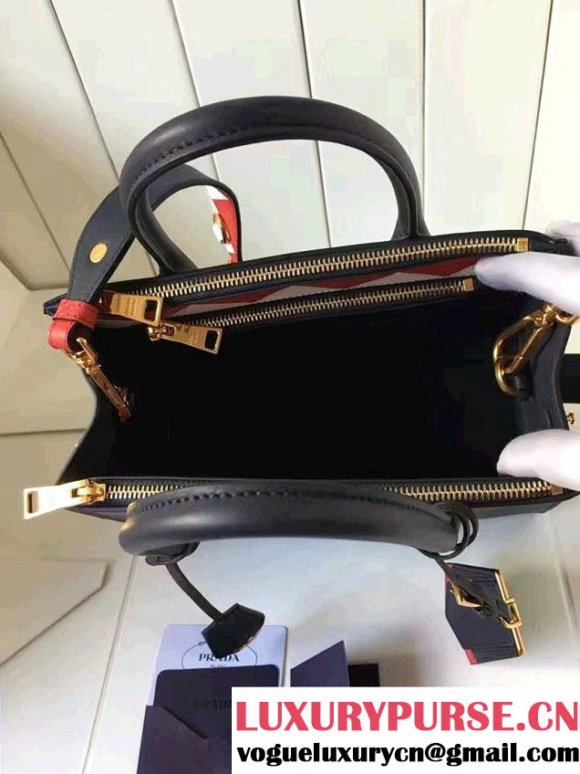 Prada Paradigme Saffiano And Calf Leather Bag 1BA103 Baltic Blue/Red With Embellishments On The Shoulder Strap 2017