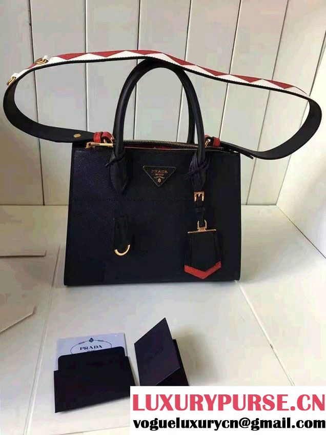 Prada Paradigme Saffiano And Calf Leather Bag 1BA103 Baltic Blue/Red With Embellishments On The Shoulder Strap 2017