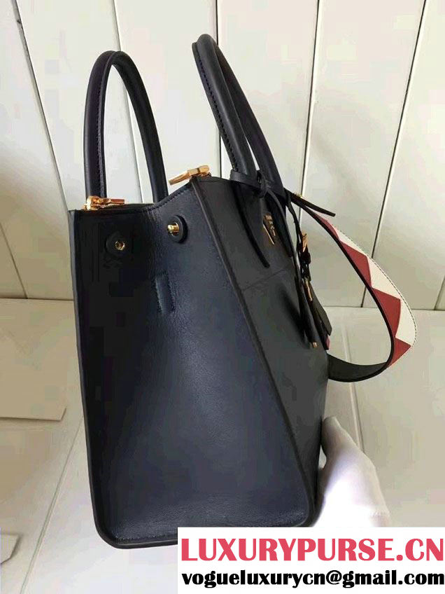 Prada Paradigme Saffiano And Calf Leather Bag 1BA103 Baltic Blue/Red With Embellishments On The Shoulder Strap 2017