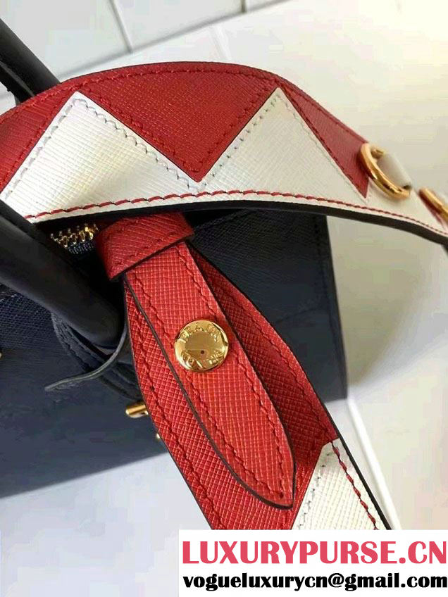 Prada Paradigme Saffiano And Calf Leather Bag 1BA103 Baltic Blue/Red With Embellishments On The Shoulder Strap 2017