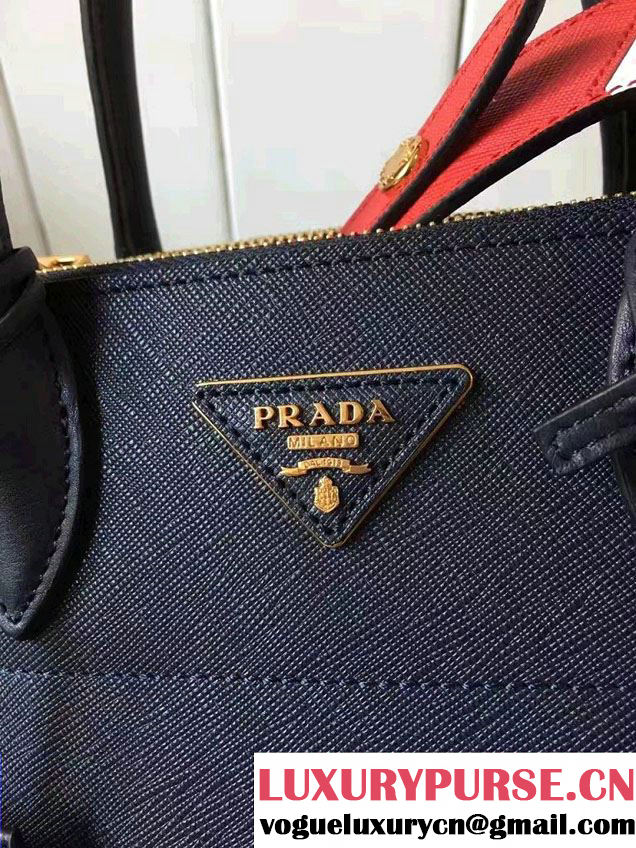 Prada Paradigme Saffiano And Calf Leather Bag 1BA103 Baltic Blue/Red With Embellishments On The Shoulder Strap 2017