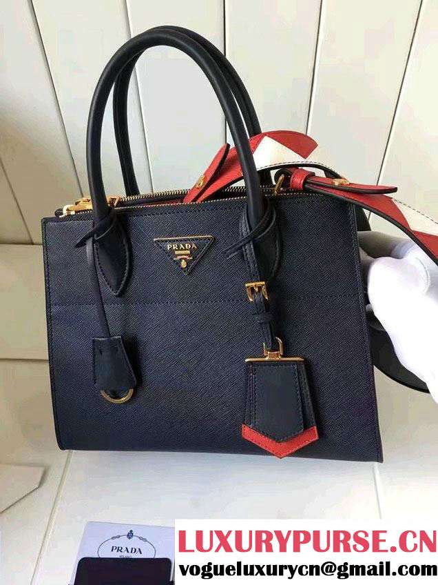 Prada Paradigme Saffiano And Calf Leather Bag 1BA103 Baltic Blue/Red With Embellishments On The Shoulder Strap 2017