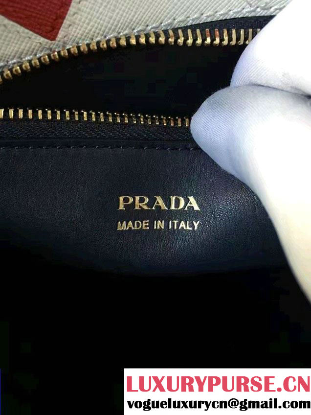 Prada Paradigme Saffiano And Calf Leather Bag 1BA103 Baltic Blue/Red With Embellishments On The Shoulder Strap 2017