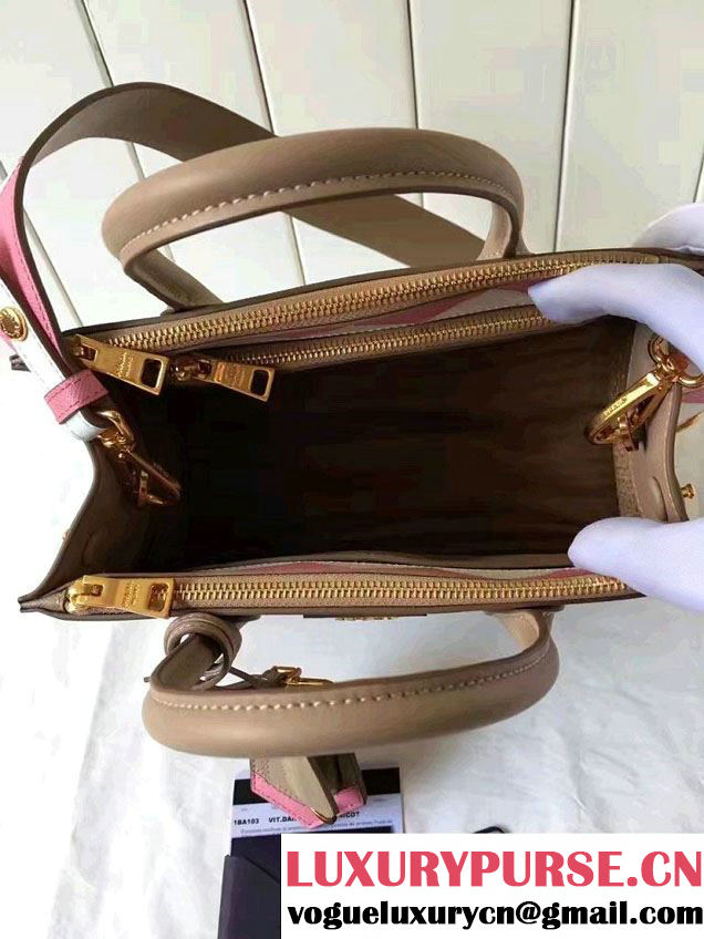 Prada Paradigme Saffiano And Calf Leather Bag 1BA103 Cameo/Begonia With Embellishments On The Shoulder Strap 2017