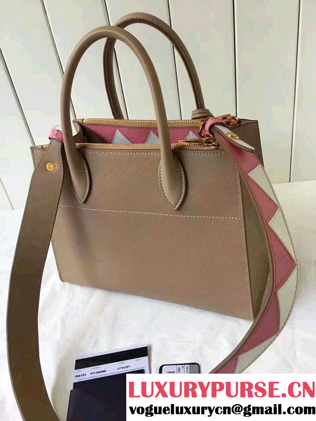 Prada Paradigme Saffiano And Calf Leather Bag 1BA103 Cameo/Begonia With Embellishments On The Shoulder Strap 2017
