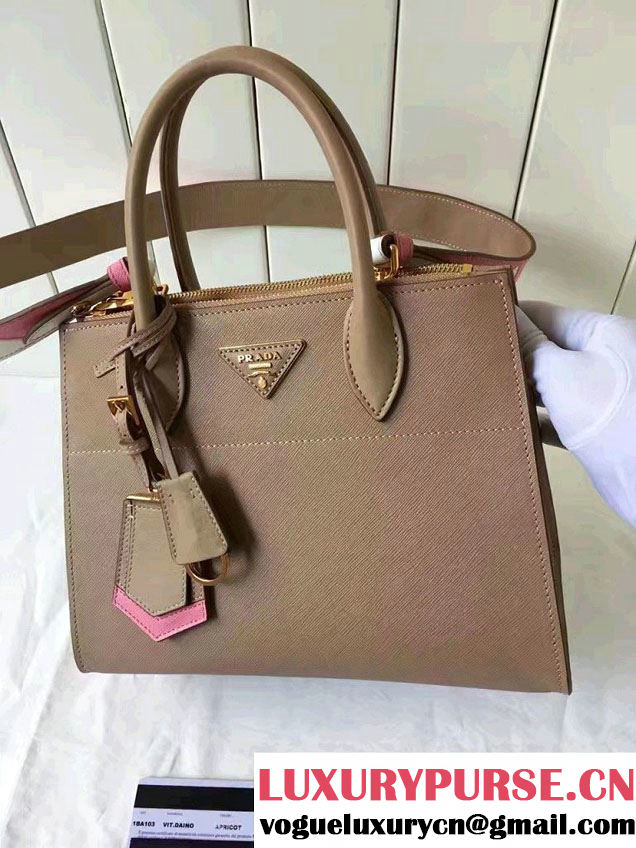 Prada Paradigme Saffiano And Calf Leather Bag 1BA103 Cameo/Begonia With Embellishments On The Shoulder Strap 2017