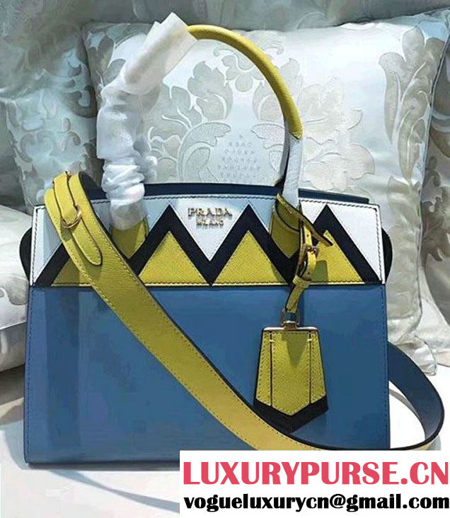 Prada Esplanade Saffiano Calfskin Leather Tote Bag 1BA046 Blue/White/Yellow 2017