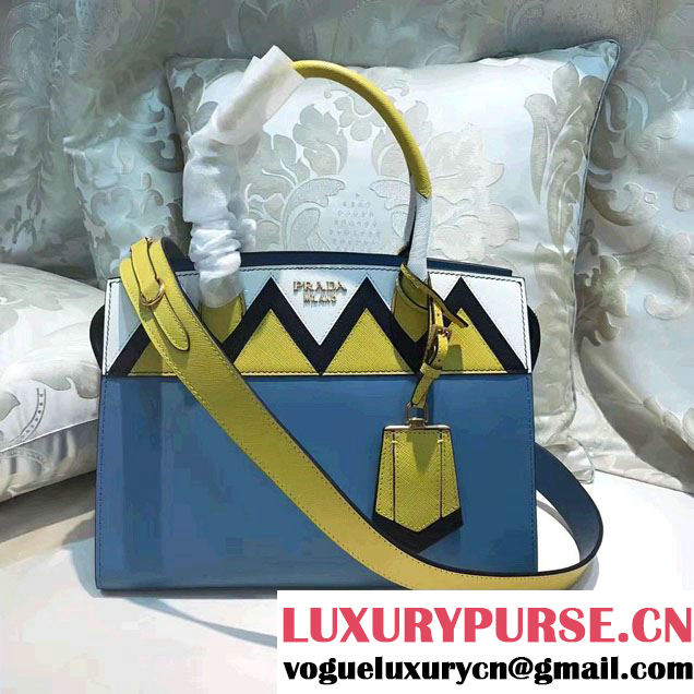 Prada Esplanade Saffiano Calfskin Leather Tote Bag 1BA046 Blue/White/Yellow 2017