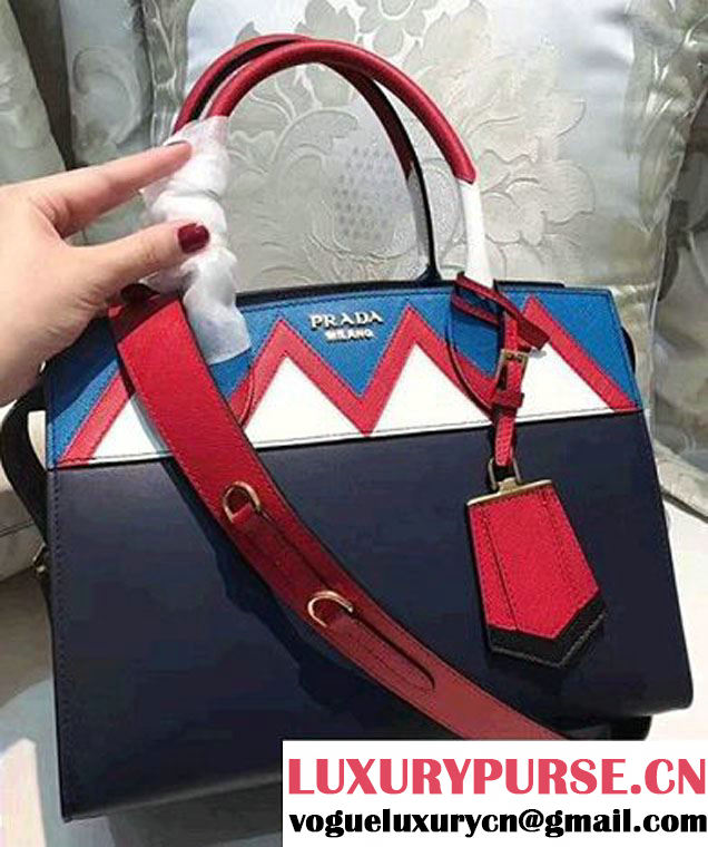 Prada Esplanade Saffiano Calfskin Leather Tote Bag 1BA046 Navy Blue/Blue/Red 2017