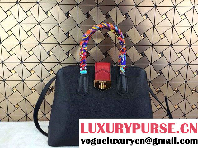 Prada Top Handle Patent Saffiano Leather Tote Bag in Black