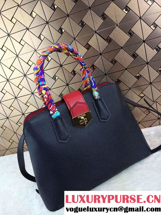 Prada Top Handle Patent Saffiano Leather Tote Bag in Black