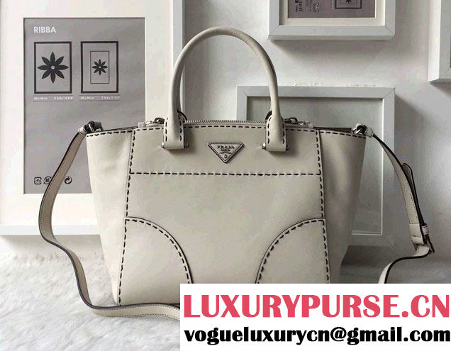 Prada Hand-stitched City Calf Leather Tote Bag B2861K Chalk White 2015