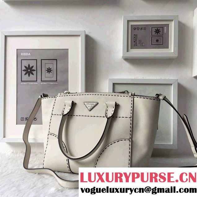 Prada Hand-stitched City Calf Leather Tote Bag B2861K Chalk White 2015