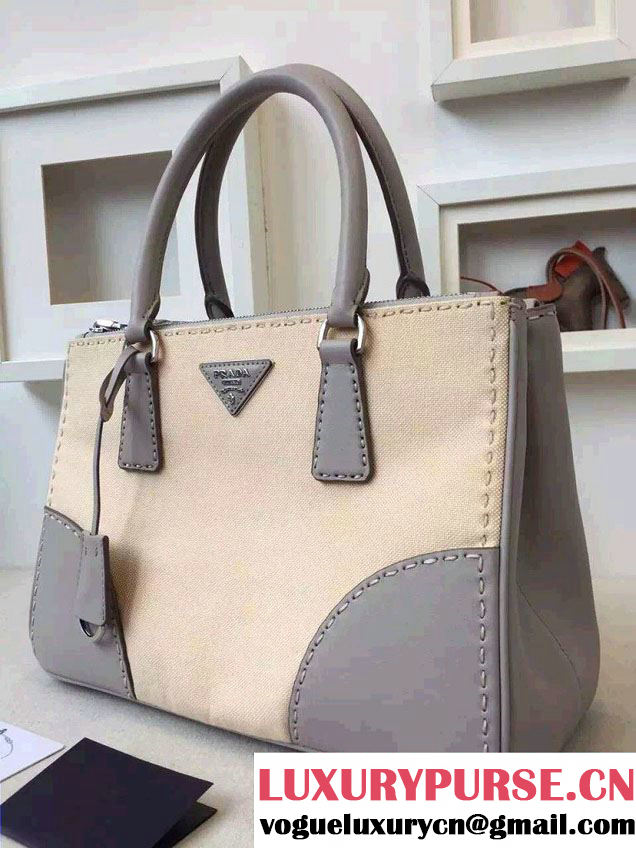 Prada Hemp fabric Tote Bag with Leather Corner Trim and Top-Stitching B1801K Gray/Beige 2015