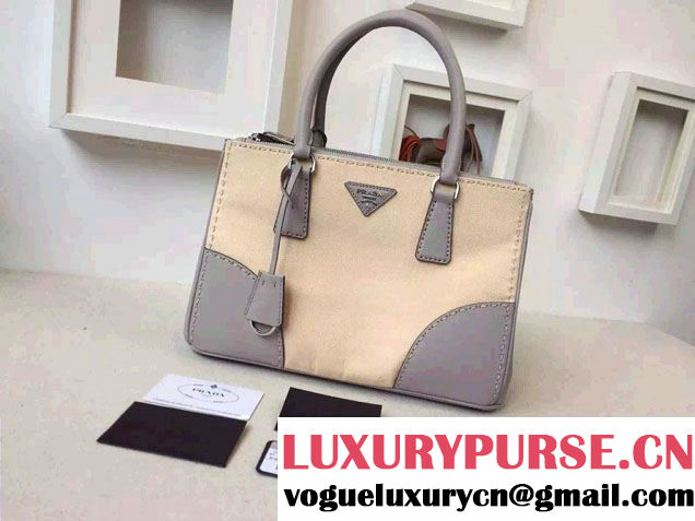 Prada Hemp fabric Tote Bag with Leather Corner Trim and Top-Stitching B1801K Gray/Beige 2015