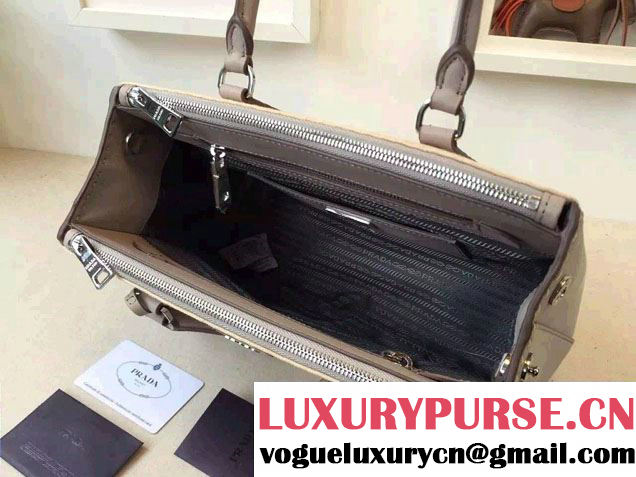 Prada Hemp fabric Tote Bag with Leather Corner Trim and Top-Stitching B1801K Gray/Beige 2015