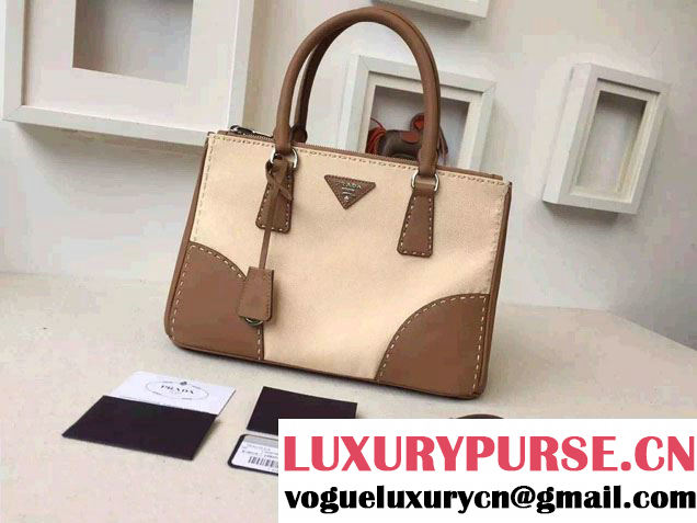 Prada Hemp fabric Tote Bag with Leather Corner Trim and Top-Stitching B1801K Caramel/Beige 2015