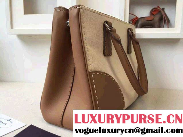 Prada Hemp fabric Tote Bag with Leather Corner Trim and Top-Stitching B1801K Caramel/Beige 2015