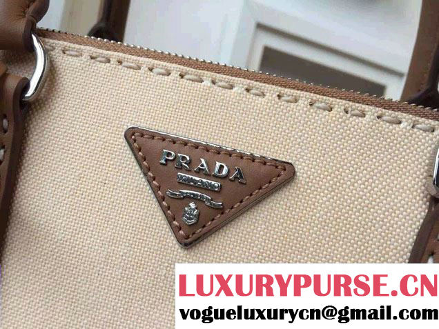 Prada Hemp fabric Tote Bag with Leather Corner Trim and Top-Stitching B1801K Caramel/Beige 2015