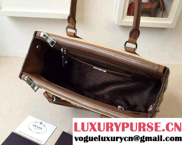 Prada Hemp fabric Tote Bag with Leather Corner Trim and Top-Stitching B1801K Caramel/Beige 2015