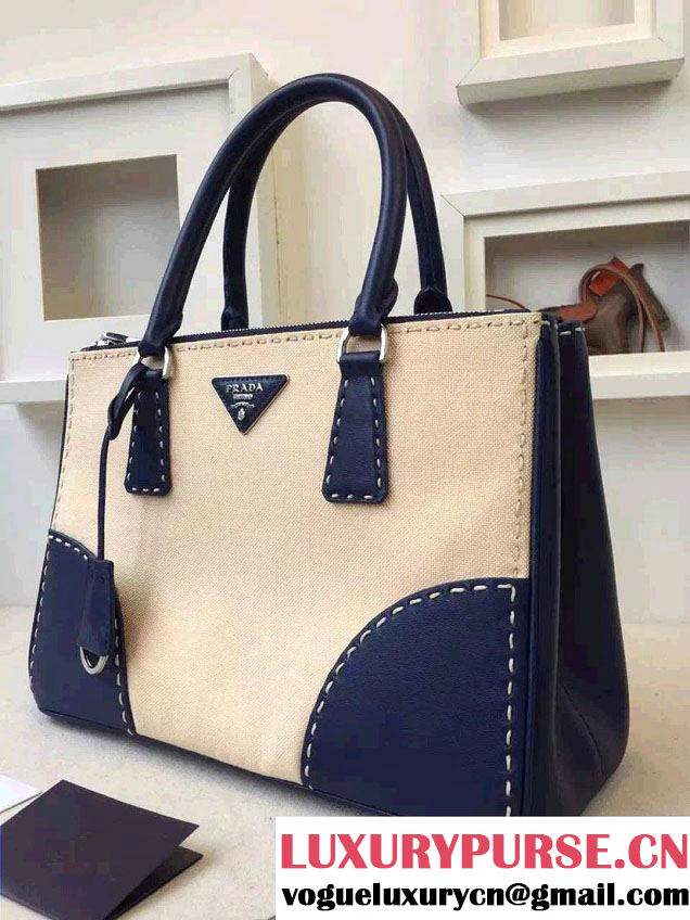 Prada Hemp fabric Tote Bag with Leather Corner Trim and Top-Stitching B1801K Blue/Beige 2015